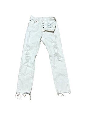 Levi's 501 White Jeans 24 x 30 Classic Button Fly Straight Leg Distressed Womens